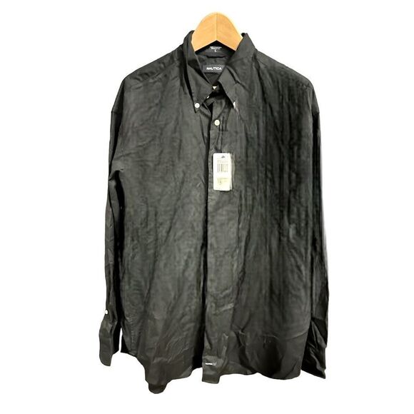 NAUTICA STAIN WRINKLE RESISTANT BUTTON DOWN LONG SLEEVE SHIRT BLACK L NEW NWT - Picture 1 of 5